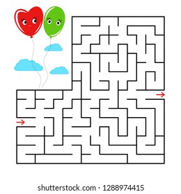 Abstract square maze with a cute color cartoon character. Flying colored balloons. An interesting and useful game for children. Simple flat vector illustration isolated on white background