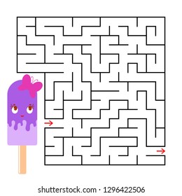 Abstract square maze with a cute color cartoon character. Funny ice cream. An interesting and useful game for children. Simple flat vector illustration isolated on white background