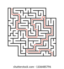 Abstract square maze with entrance and exit. Simple flat vector illustration isolated on white background. With a place for your drawings. With the answer