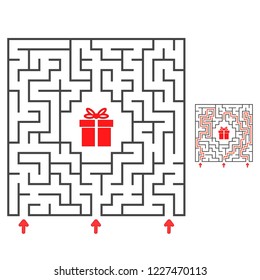 Abstract square maze. Find the path to the gift. Game for kids. Puzzle for children. Labyrinth conundrum. Flat vector illustration isolated on white background. With answer