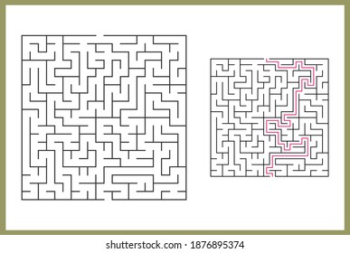 Abstract square maze. Find the path to the gift. Game for kids. Puzzle for children. Labyrinth conundrum. Flat vector illustration isolated on white background. With answer