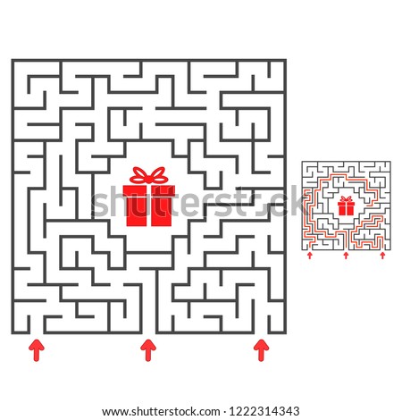 Abstract square maze. Find the path to the gift. Game for kids. Puzzle for children. Labyrinth conundrum. Flat vector illustration isolated on white background. With answer