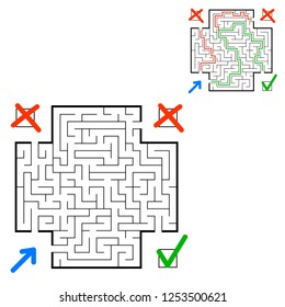 Abstract square maze. Find the right path. Game for kids. Puzzle for children. Labyrinth conundrum. Flat vector illustration isolated on white background. With answer. With place for your image.