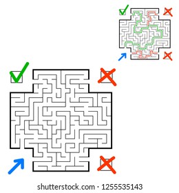 Abstract square maze. Find the right path. Game for kids. Puzzle for children. Labyrinth conundrum. Flat vector illustration isolated on white background. With answer. With place for your image.