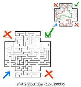 Abstract square maze. Find the right path. Game for kids. Puzzle for children. Labyrinth conundrum. Flat vector illustration isolated on white background. With answer. With place for your image.
