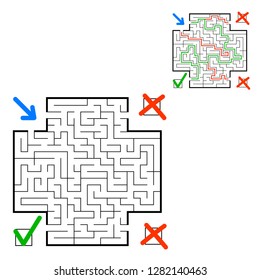 Abstract square maze. Find the right path. Game for kids. Puzzle for children. Labyrinth conundrum. Flat vector illustration isolated on white background. With answer. With place for your image.