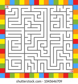 Abstract square maze in a frame of bright squares. An interesting game for children and teenagers. Simple flat vector illustration isolated on white background.