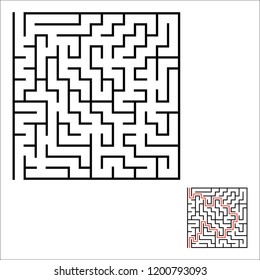 Abstract square maze. Game for kids. Puzzle for children. One entrances, one exit. Labyrinth conundrum. Simple flat vector illustration isolated on white background. With answer.