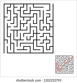 Abstract square maze. Game for kids. Puzzle for children. One entrances, one exit. Labyrinth conundrum. Simple flat vector illustration isolated on white background. With answer.