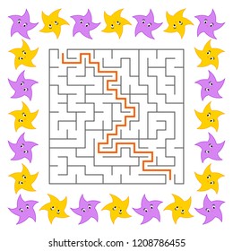 Abstract square maze. Game for kids. Puzzle for children. Cute cartoon star. Labyrinth conundrum. Vector illustration. With answer.
