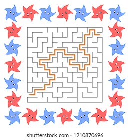 Abstract square maze. Game for kids. Puzzle for children. Cute cartoon star. Labyrinth conundrum. Vector illustration. With answer.