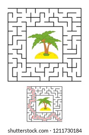 Abstract square maze. Game for kids. Puzzle for children. One entrances, one exit. Labyrinth conundrum. Vector illustration on white background with cartoon picture. With answer.