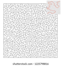 Abstract square maze. Game for kids. Puzzle for children and adult. One entrance, one exit. Labyrinth conundrum. Flat vector illustration isolated on white background. With answer