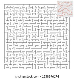 Abstract square maze. Game for kids. Puzzle for children and adult. One entrance, one exit. Labyrinth conundrum. Flat vector illustration isolated on white background. With answer