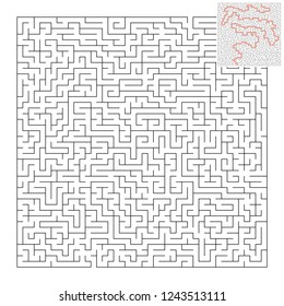 Abstract square maze. Game for kids. Puzzle for children and adult. One entrance, one exit. Labyrinth conundrum. Flat vector illustration isolated on white background. With answer