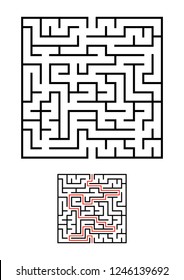 Abstract square maze. Game for kids. Puzzle for children. One entrances, one exit. Labyrinth conundrum. Simple flat vector illustration isolated on white background. With answer.