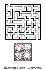 Abstract square maze. Game for kids. Puzzle for children. One entrances, one exit. Labyrinth conundrum. Simple flat vector illustration isolated on white background. With answer.