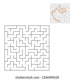 Abstract square maze. Game for kids. Puzzle for children. One entrance, one exit. Labyrinth conundrum. Flat vector illustration isolated on white background. With answer.