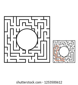 Abstract square maze. Game for kids. Puzzle for children. Labyrinth conundrum. Flat vector illustration isolated on white background. With answer. With place for your image