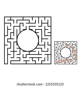 Abstract square maze. Game for kids. Puzzle for children. Labyrinth conundrum. Flat vector illustration isolated on white background. With answer. With place for your image