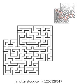 Abstract square maze. Game for kids. Puzzle for children. Labyrinth conundrum. Flat vector illustration isolated on white background. With answer. With place for your image.