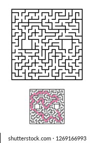 Abstract square maze. Game for kids. Puzzle for children. One entrances, one exit. Labyrinth conundrum. Simple flat vector illustration isolated on white background. With answer.