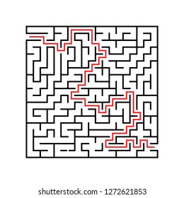 Abstract square maze. Game for kids. Puzzle for children. One entrance, one exit. Labyrinth conundrum. Flat vector illustration isolated on white background. With answer