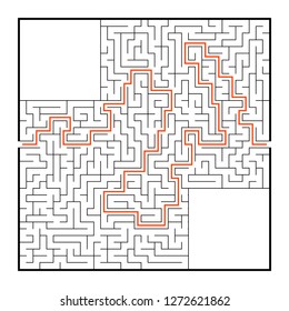 Abstract square maze. Game for kids. Puzzle for children. One entrance, one exit. Labyrinth conundrum. Flat vector illustration isolated on white background. With answer