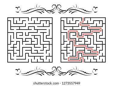 Abstract square maze. Game for kids. Puzzle for children. One entrance, one exit. Labyrinth conundrum. Flat vector illustration isolated on white background. With answer. With a vintage border