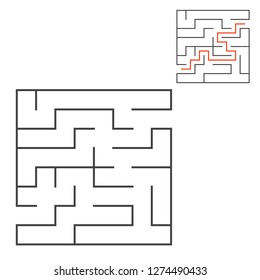 Abstract square maze. Game for kids. Puzzle for children. One entrance, one exit. Labyrinth conundrum. Flat vector illustration isolated on white background. With answer