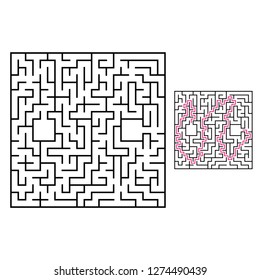Abstract square maze. Game for kids. Puzzle for children. One entrance, one exit. Labyrinth conundrum. Flat vector illustration isolated on white background. With answer