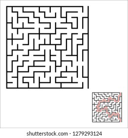 Abstract square maze. Game for kids. Puzzle for children. One entrances, one exit. Labyrinth conundrum. Simple flat vector illustration isolated on white background. With answer.