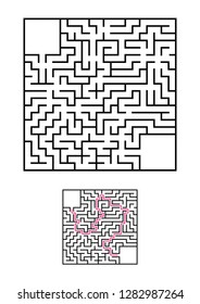 Abstract square maze. Game for kids. Puzzle for children. One entrances, one exit. Labyrinth conundrum. Vector illustration isolated on white background. With answer. With place for your image.