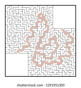 Abstract square maze. Game for kids. Puzzle for children. One entrance, one exit. Labyrinth conundrum. Flat vector illustration isolated on white background. With answer