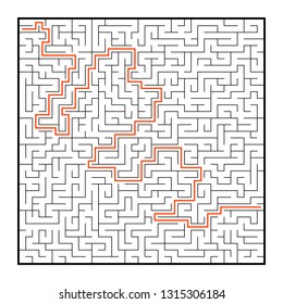 Abstract square maze. Game for kids. Puzzle for children. One entrance, one exit. Labyrinth conundrum. Flat vector illustration isolated on white background. With answer