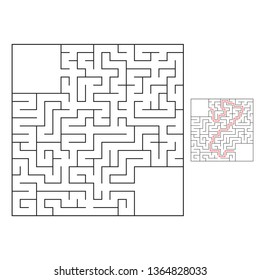 Abstract square maze. Game for kids. Puzzle for children. One entrance, one exit. Labyrinth conundrum. Flat vector illustration isolated on white background. With answer