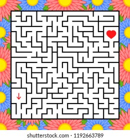 Abstract square maze. An interesting and useful game for children. Find the path from arrow to heart. Simple flat vector illustration isolated on white background