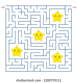 Abstract square maze. An interesting and useful game for children. Collect all the stars. Simple flat vector illustration isolated on white background