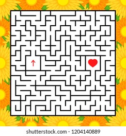 Abstract square maze. An interesting and useful game for children. Find the path from arrow to heart. Simple flat vector illustration isolated on white background