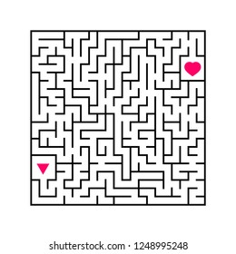 Abstract square maze. An interesting and useful game for children. Find the path from arrow to heart. Simple flat vector illustration isolated on white background