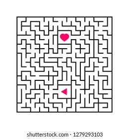 Abstract square maze. An interesting and useful game for children. Find the path from arrow to heart. Simple flat vector illustration isolated on white background
