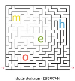 Abstract square maze. An interesting and useful game for children. Collect all the letters and make up the word. Simple flat vector illustration isolated on white background