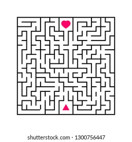 Abstract square maze. An interesting and useful game for children. Find the path from arrow to heart. Simple flat vector illustration isolated on white background