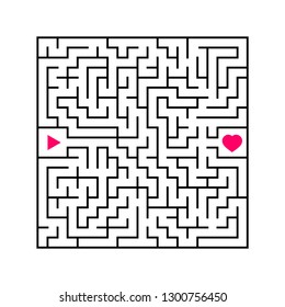 Abstract square maze. An interesting and useful game for children. Find the path from arrow to heart. Simple flat vector illustration isolated on white background