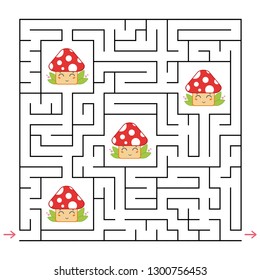 Abstract square maze. An interesting and useful game for children. Collect all the cute mushrooms. Simple flat vector illustration isolated on white background