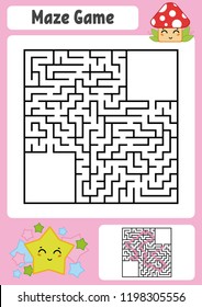 Abstract square maze. Kids worksheets. Game puzzle for children. Cute star and mushroom. One entrances, one exit. Labyrinth conundrum. Vector illustration. With answer. With place for your image.