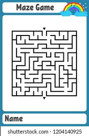 Abstract square maze. Kids worksheets. Game puzzle for children. Funny rainbow on a colored background. One entrances, one exit. Labyrinth conundrum. Vector illustration. With place for name.