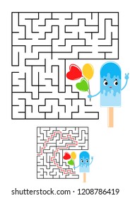 Abstract square maze. Kids worksheets. Game puzzle for children. Cute ice cream on a white background. One entrances, one exit. Labyrinth conundrum. Vector illustration. With the answer.