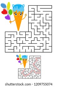 Abstract square maze. Kids worksheets. Game puzzle for children. Cute ice cream on a white background. One entrances, one exit. Labyrinth conundrum. Vector illustration. With the answer.