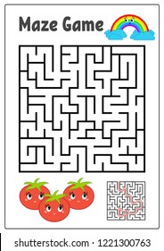Abstract square maze. Kids worksheets. Activity page. Game puzzle for children. Cute cartoon tomato and rainbow. Labyrinth conundrum. Vector illustration. With answer.